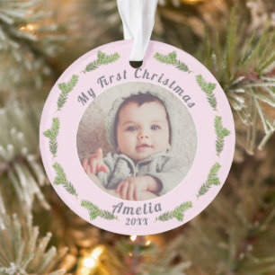 Elegant Festive Pink Baby`s First Christmas Photo Ornament