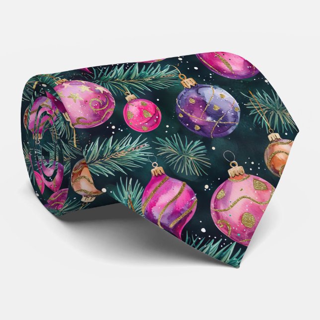 Elegant Festive Pink Christmas Baubles Pattern Neck Tie (Rolled)