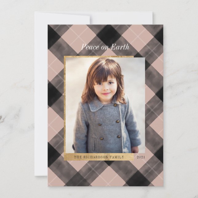Elegant Festive Pink Plaid & Gold One Photo Holiday Card (Front)