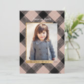 Elegant Festive Pink Plaid & Gold One Photo Holiday Card (Standing Front)
