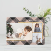 Elegant Festive Pink Plaid & Gold Three Photos Holiday Card (Standing Front)