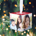 Elegant Festive Red 4 Photo Snowflake Christmas Cube Ornament<br><div class="desc">This festive ornament features four square photos on the front, back, right, and left. On the top is a large white snowflake on a red background. On the bottom there is your personalized text in a classic serif font. These ornaments make a fabulous gift or stocking stuffer that will become...</div>