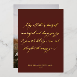 Elegant Festive Red Calligraphy Christmas Photo Foil Holiday Card