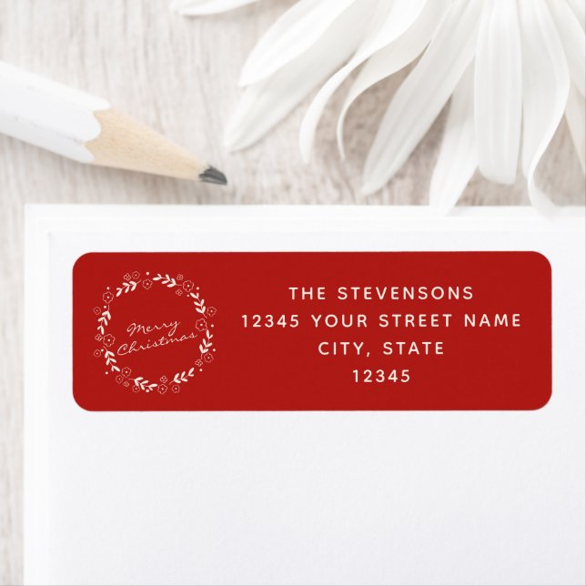 Elegant Festive Red Floral Wreath Merry Christmas Label (Insitu)
