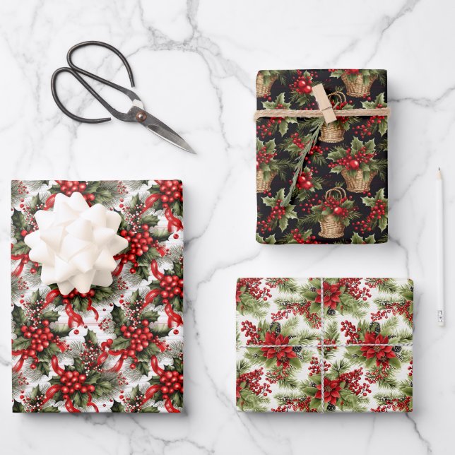 Elegant Festive Red & Green Christmas Botanical Wrapping Paper Sheets (Front)