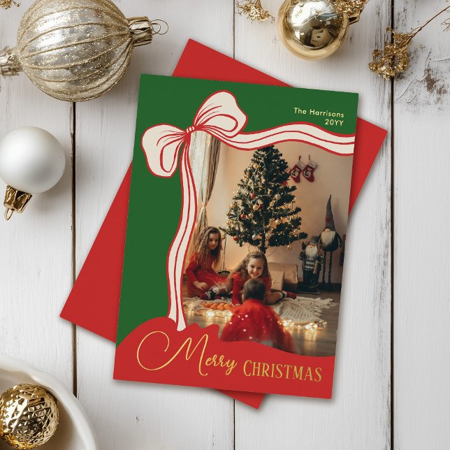 Elegant Festive Red Green Photo Christmas  Foil Holiday Card (Creator Uploaded)