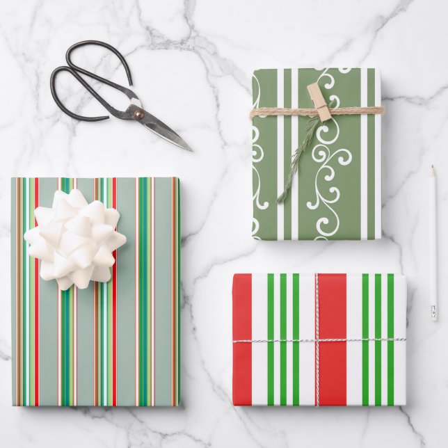 Elegant Festive Red Green Striped Holiday Wrapping Paper Sheets (Front)