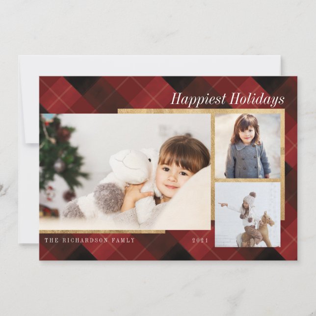 Elegant Festive Red Plaid & Gold Three Photos Holiday Card (Front)