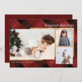 Elegant Festive Red Plaid & Gold Three Photos Holiday Card (Front/Back)