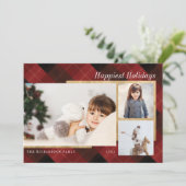 Elegant Festive Red Plaid & Gold Three Photos Holiday Card (Standing Front)