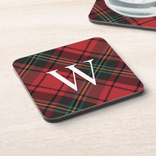 Elegant Festive Red Tartan Personalized Monogram Beverage Coaster