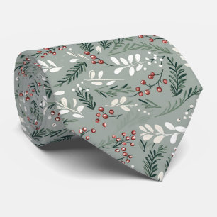 Elegant Festive Sage Green Christmas Leave Pattern Neck Tie