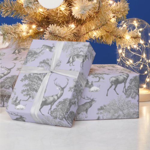 Elegant Festive Toile Fox Deer Gray Blue Wrapping Paper