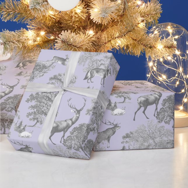 Elegant Festive Toile Fox Deer Gray Blue Wrapping Paper (Holidays)