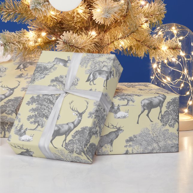 Elegant Festive Toile Fox Deer Gray Gold Beige Wrapping Paper (Holidays)