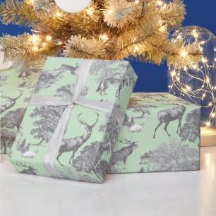 Elegant Festive Toile Fox Deer Gray Sage Wrapping Paper