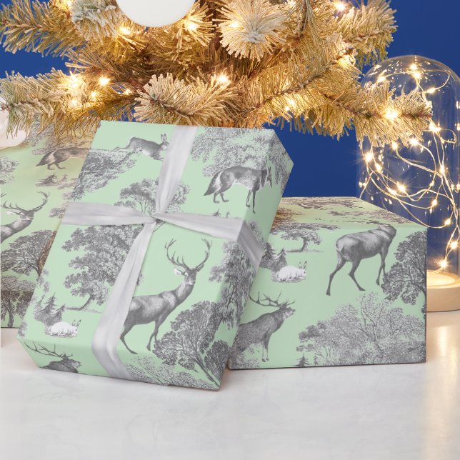 Elegant Festive Toile Fox Deer Gray Sage Wrapping Paper (Holidays)