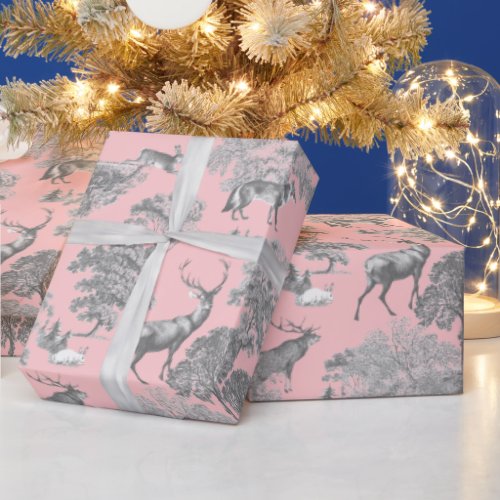 Elegant Festive Toile Fox Deer Rabbit Gray Pink Wrapping Paper