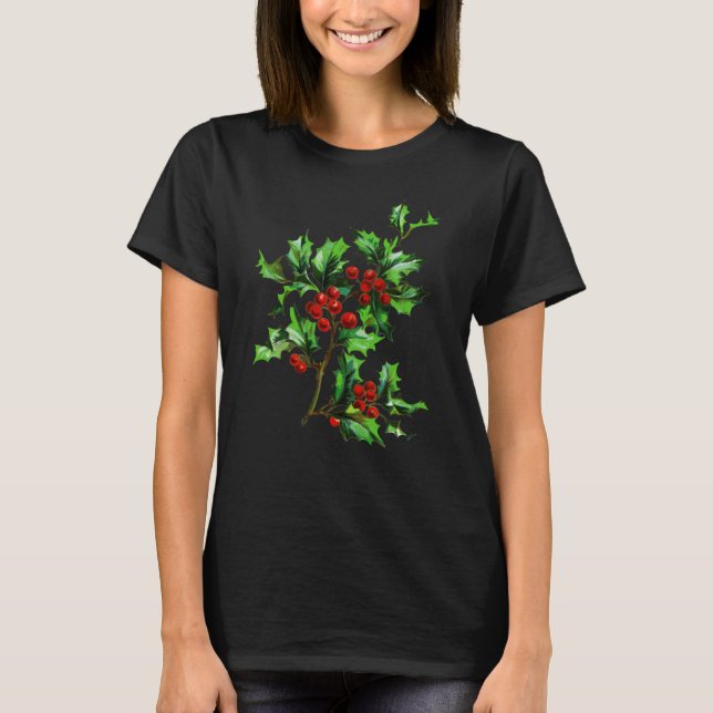 Elegant Festive Vintage Christmas Holly Berries T-Shirt (Front)
