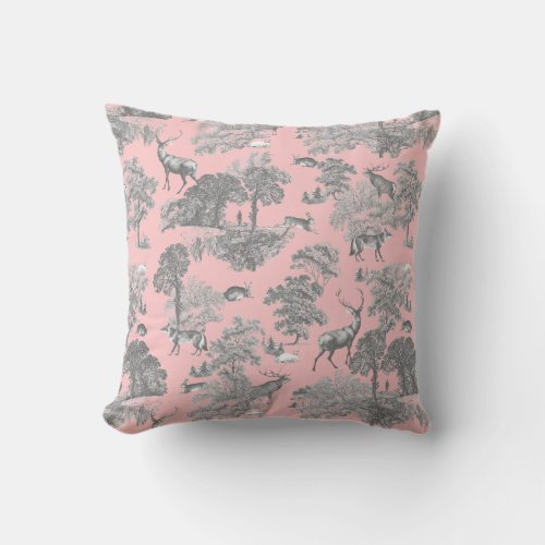 Elegant Festive Vintage Toile Deer Gray Pink Throw Pillow