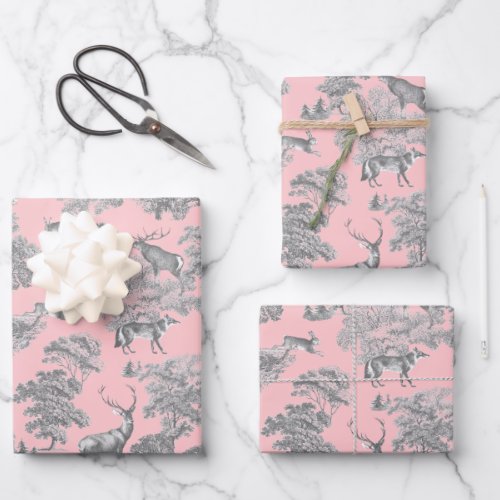 Elegant Festive Vintage Toile Deer Gray Pink Wrapping Paper Sheets