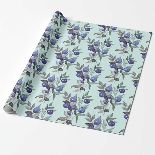 Elegant Festive Watercolor Blue Berries on Blue Wrapping Paper (Unrolled)