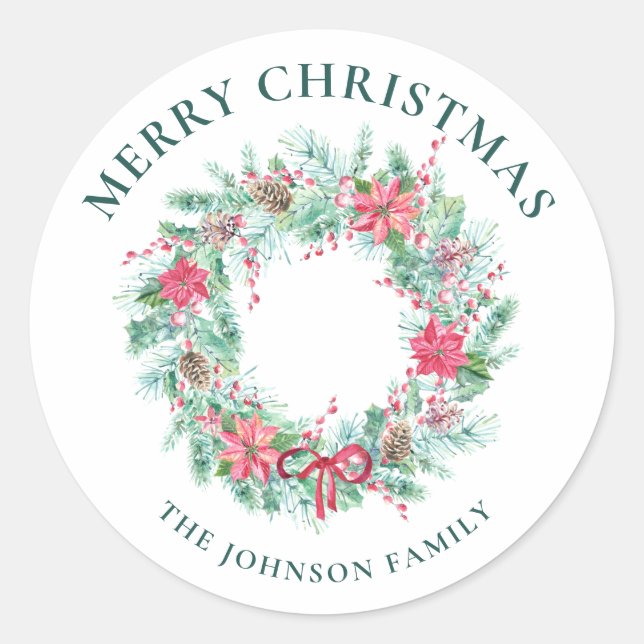 Elegant Festive Watercolor Christmas Wreath Classic Round Sticker (Front)