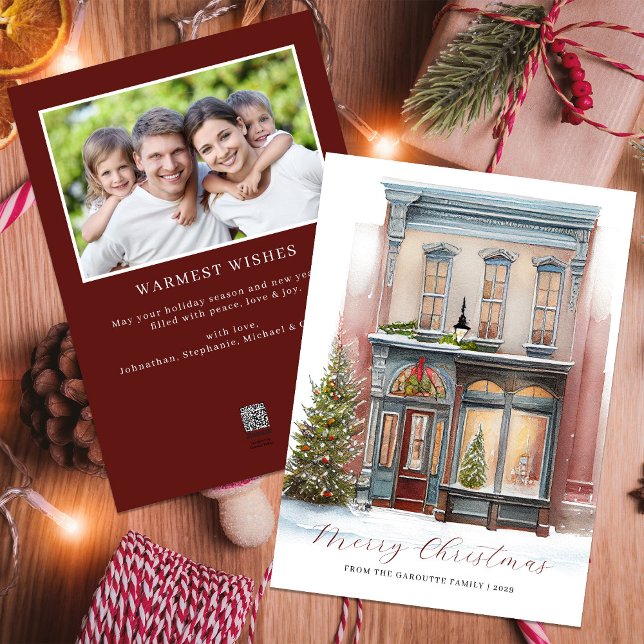 Elegant Festive Watercolor Photo Merry Christmas Holiday Card (Merry Christmas Winter Watercolor Photo Burgundy Holiday Card)