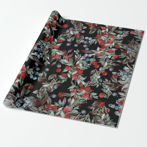 Elegant Festive Watercolor Red Berries on Black Wrapping Paper