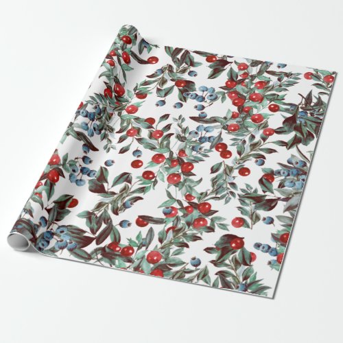 Elegant Festive Watercolor Red Berries on White Wrapping Paper