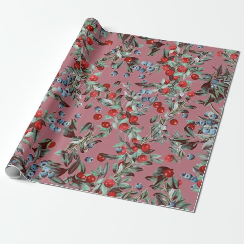 Elegant Festive Watercolor Red Berries Rose Gold Wrapping Paper