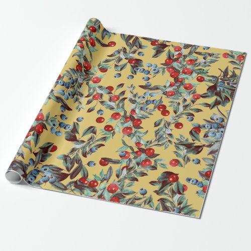 Elegant Festive Watercolor Red Blue Berries Gold Wrapping Paper