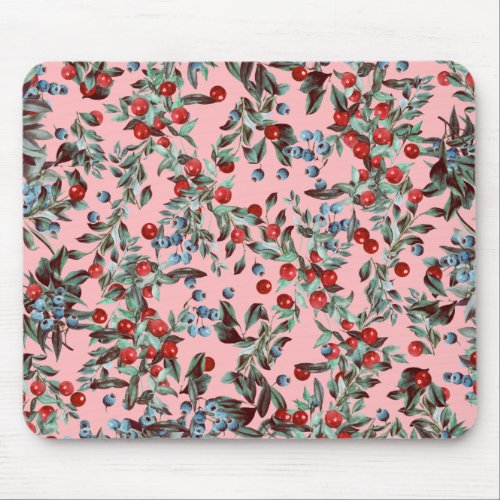 Elegant Festive Watercolor Red Blue Berries Pink Mouse Pad