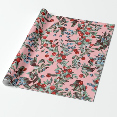 Elegant Festive Watercolor Red Blue Berries Pink Wrapping Paper