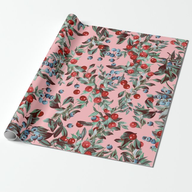 Elegant Festive Watercolor Red Blue Berries Pink Wrapping Paper (Unrolled)