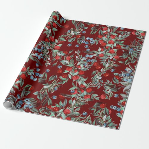 Elegant Festive Watercolor Red Blue Berries  Wrapping Paper
