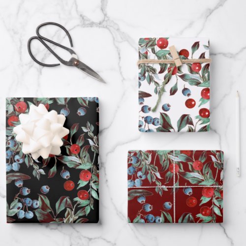 Elegant Festive Watercolor Red Blue Berries Wrapping Paper Sheets