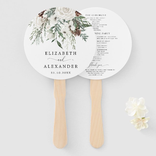 Elegant festive winter evergreen wedding program hand fan (Front and Back)