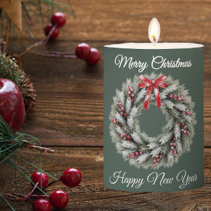 Elegant Festive Wreath Green Custom Christmas Pillar Candle