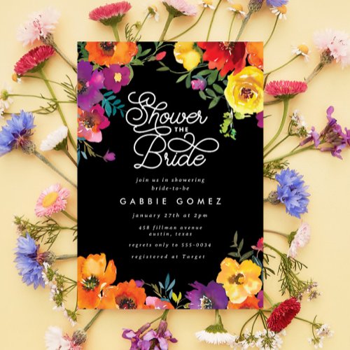 Elegant Fiesta Colorful Floral Black Bridal Shower Invitation