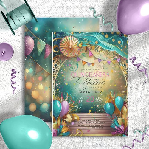 Elegant Fiesta Quinceanera LavenderTeal ID1029 Invitation