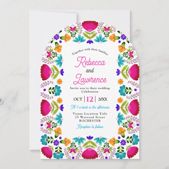 Elegant fiesta wedding white qr code arched invitation (Front)