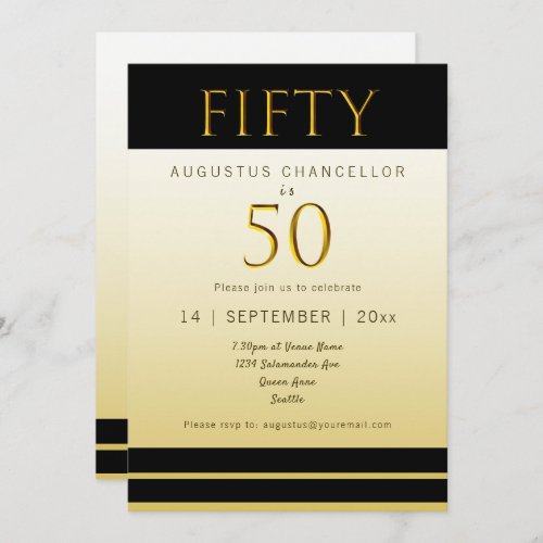 Elegant fiftieth birthday yellow black gold foil invitation