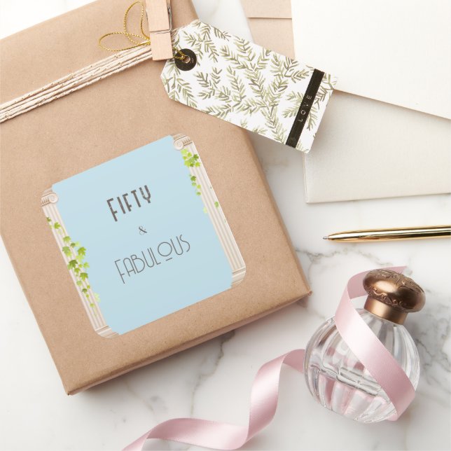 Elegant Fifty Fabulous Birthday Greek Theme Blue Square Sticker (Gifting)