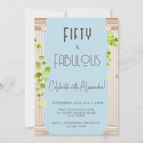 Elegant Fifty Fabulous Greek Theme Blue Birthday Invitation