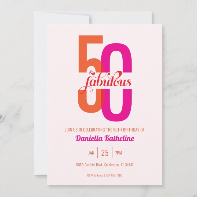 Elegant Fifty & Fabulous Orange Pink 50th Birthday Invitation (Front)