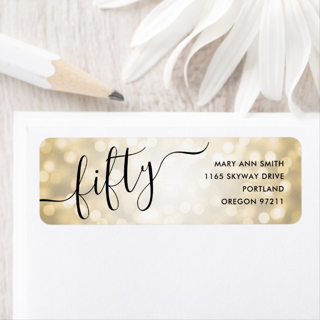 Elegant Fifty Gold Glitter Lights 50th Birthday Label (Insitu)