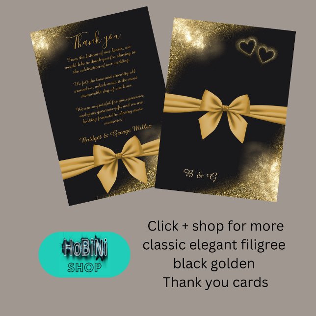 elegant filigree  black golden wedding thanks card (classic elegant filigree black golden wedding thank you cards)