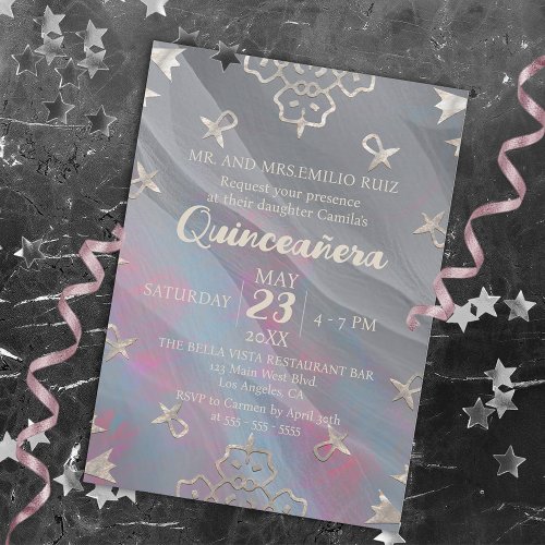 Elegant Filigree Border On Gray Silk Quinceaera Invitation