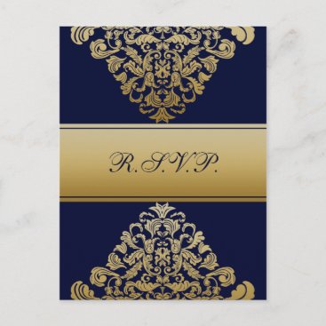Elegant Filigree Navy Gold Wedding Invitation Postcard